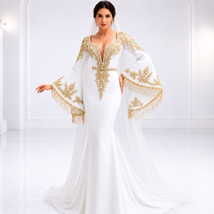 Vestido de Novia de Lujo en Color Blanco Dorado con Bordado de Sirena, Mangas Campana y Velo Desmontable, Elegante Vestido de Novia de Alta Costura para Mujer - Product Image 3