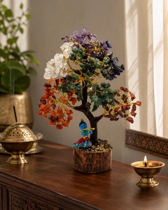 Arbre en cristal des 7 chakras Krishna, 500 perles, figurine flûte, méditation spirituelle, décoration de table pour la maison ou le bureau, fait main au Rajasthan - Product Image 1