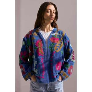 Chaqueta Suzani para Mujer al por Mayor, Azul Multicolor, con Bordado Floral en el Cuello en V, Estilo Étnico Vintage Boho, Chaqueta de Invierno de Algodón - Product Image 4