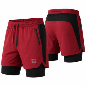 Men's Red Two <b>Layer</b> Sport Shorts With Drawstring And Zip Pockets Custom Logo Front - Product Image 1