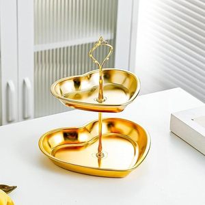 Plateau de service en forme de cœur doré de luxe à 2 niveaux, support à gâteau, plateau à dessert en métal pour mariage, fête, décoration de la maison - Product Image 4