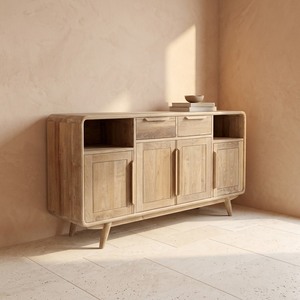 Buffet/Credenza en teck massif de style Mid-Century Modern avec 2 tiroirs, bords incurvés et portes de rangement pour intérieur résidentiel - Product Image 2