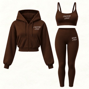 Custom Women's Premium 3 Piece Sports Set Long Sleeve Zip Up <b>Jacket</b> Sports Bra Capri Fall Jogging Fitness Activewear - Product Image 2