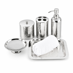 Modern Eco-Friendly Hammered Stainless Steel <b>Bathroom</b> <b>Accessories</b> <b>Set</b> 5-Piece Silver Metal Vanity Organizer for Home Hotel Decor - Product Image 1