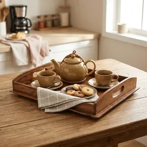 Plateau de service moderne en teck écologique, sans danger pour les aliments, pour la maison, la cuisine, le petit-déjeuner, le restaurant, le bureau, organisateur de table à manger, taille personnalisée - Product Image 2
