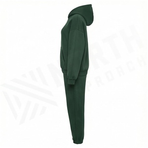 Conjunto Deportivo Unisex de Sudadera con Capucha y Pantalones Jogger en Verde Oscuro, Color Sólido, Corte Holgado Informal, 100% Algodón, Ropa de Otoño - Product Image 3