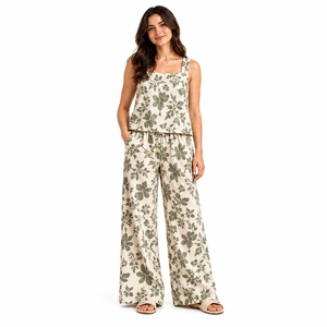 Conjunto de Salón para Mujer al por Mayor con Estampado Floral de Primavera, Top sin Mangas, Pantalones de Pierna Ancha, Cintura Elástica, Tela de Rayón, Personalizado OEM/ODM - Product Image 1