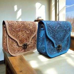 Bolso bandolera de cuero repujado a mano con diseño floral, bolso de hombro de cuero genuino con cierre de solapa - Product Image 5