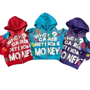 Sweat à capuche oversize à fermeture éclair avec strass, 100% coton molletonné, délavé à l'acide et imprimé en relief, épaules tombantes, pour l'hiver, style décontracté et tendance - Product Image 3