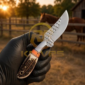 Cuchillo de caza y desollado de acero de Damasco hecho a mano con mango de cuerno de ciervo, hoja fija de espiga completa, para camping al aire libre, DIY OEM - Product Image 4