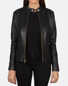 Custom Made Women Genuine Leather Motorcycle Jacket Full Sleeve Stand Collar <b>Zipper</b> Closure Solid Color Street Style Autumn Wear - Product Image 3