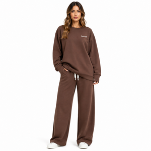 Ensemble de survêtement décontracté à col rond oversize avec pantalon large, logo personnalisé, marron, pour la détente, marque privée, vente en gros - Product Image 1