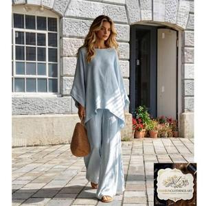 Conjunto Casual Bohemio de Dos Piezas para Mujer, de Algodón, Cintura Alta, Manga Tres Cuartos, Cuello Redondo, Corte Regular, Color Liso Teñido - Product Image 2