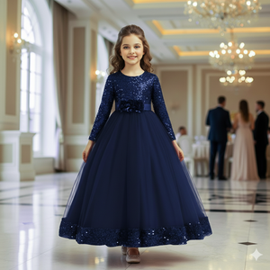 Vestido de Niña de Lujo con Lentejuelas Bordadas en Terciopelo Azul, Vestido de Princesa con Malla Suave para Bodas, Cumpleaños y Eventos - Product Image 5