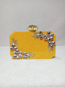 Yellow Handmade Resin <b>Clutch</b> with Crystal Flower <b>Embellishments</b> Customized Shape Artistic Wedding Decoration - Product Image 1