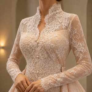 Chantilly Lace <b>Wedding</b> <b>Dress</b> Long <b>Sleeve</b> High Neck Bridal Gown <b>Detachable</b> Overskirt Couture Evening Formalwear - Product Image 5