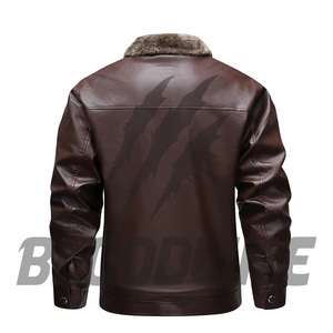 Men's Brown PU Leather <b>Jacket</b> With Faux Fur Lining Stand Collar Zipper Closure Moto <b>Biker</b> Style Winter Wear - Product Image 2