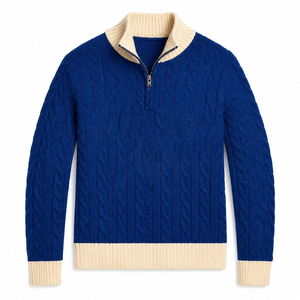 Women's Blue Cable Knit Half-Zip Cardigan With Contrast Trim Stand Collar Long Sleeve Autumn Classic Style Wholesale <b>University</b> - Product Image 1