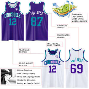 Ensemble d'uniformes de basketball réversibles en gros, maillot d'équipe violet personnalisé par sublimation, short blanc en maille respirant, vêtements de sport d'usine - Product Image 3