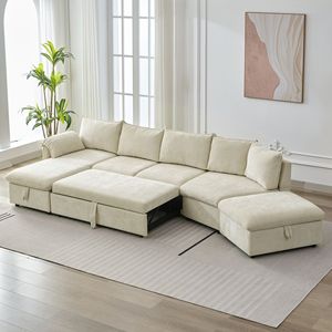 Divano Componibile a L da 370 cm con Letto Estraibile, Pouf Contenitore Mobile e Due Porte USB, Chaise Longue con Vano Portaoggetti - Product Image 1