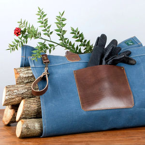 Grand sac de transport pour bois de chauffage en toile cirée imperméable avec poignée en cuir, porte-bûches et porte-bois en cuir - Product Image 1