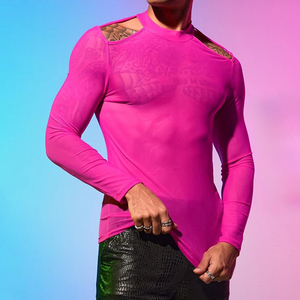 Camiseta Transparente de Malla Rosa para Hombre, Camiseta de Manga Larga Transparente, Camiseta de Malla Transparente Estilo Y2K, Camiseta de Malla de Red para Playa o Piscina - Product Image 4
