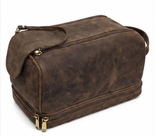 Gravs Premium Genuine Leather Eco-Friendly Waterproof Vintage Soft Handle Large Capacity Travel Dopp Kit Zipper Cosmetic <b>Case</b> - Product Image 5