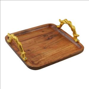 Bandeja de Servir de Madera de Acacia con Asa de Metal, Bandeja de Madera Maciza para Desayuno, Té, Café, Comida - Product Image 1
