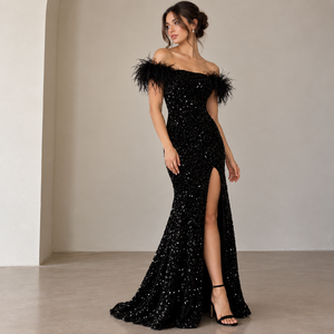 Black off the Shoulder Satin Mermaid Evening Gown with Feather Trim Natural Waistline Split Floor Length Formal Party Dress - Product Image 3