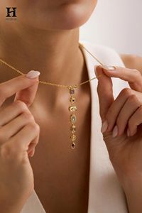 Collar de lujo con colgante geométrico de múltiples gemas, engaste de diamantes en bisel de oro de 14K, barra vertical tipo lariat para mujer. - Product Image 6