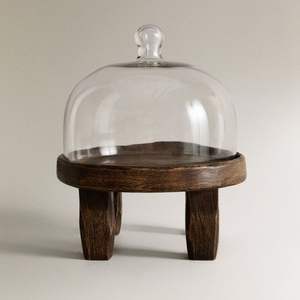 Luxury Metal Pedestal <b>Cake</b> <b>Stand</b> with Wooden Tray and <b>Glass</b> Dome Dessert Display Kitchen Dessert Holder - Product Image 4