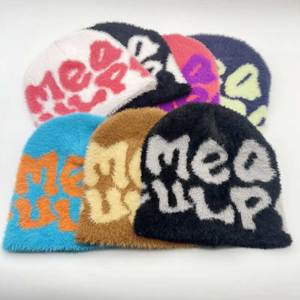 Flock Print Beanie <b>Hat</b> Unisex Street Style Winter Cap 56-58CM Letter Pattern Acrylic Knit Casual Adult <b>Hat</b> - Product Image 1