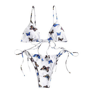 Ensemble de bikini imprimé papillon pour femmes, 2 pièces, haut triangle, bas à nouer sur les côtés, maillot de bain en spandex et polyester - Product Image 1