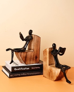 Modern design <b>cast</b> aluminum and Wooden Human Figurine Bookends Set Decorative Reading Man Book Holder customization available Mo - Product Image 4