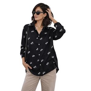 Camisa de Mujer de Viscosa y Rayón Bordada, Estilo Casual para Oficina, Blusa Elegante Negra Estampada con Botones - Product Image 1