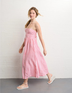 Robe longue bohème en coton rayé rose, sans manches, à volants, décontractée, col carré, écologique, robe d'été, robe de plage - Product Image 1