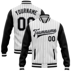 เสื้อแจ็คเก็ตวาร์ซิตี้แบบสองสี แบรนด์ OMMIZ INDUSTRY รุ่นขายส่งโดยตรง ลายทางขาวดำ ตัดสีดำ-เทา แบบติดกระดุมเต็มตัว สไตล์บอมเบอร์ - Product Image 2