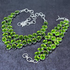 Faceted Topaz Gemstone Overlay <b>Set</b> Oval Cut Green Classic Handmade Alloy Silver Plated Unisex Anniversary Necklace <b>Bracelet</b> - Product Image 4