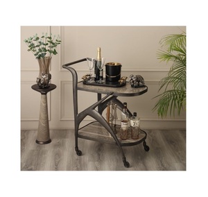 Carrito de Cócteles Gris Metálico Premium, Moderno Carro de Servicio para Bebidas con Bandejas y Ruedas con Acabado en Madera Gris - Product Image 3