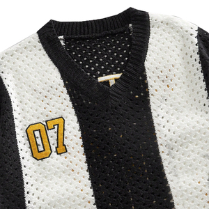Vintage Striped Knit Sports Jersey for Men Oversized V-Neck Mesh Embroidery Short Sleeve Streetwear T-Shirt - Product Image 3