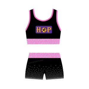 Conjuntos de entrenamiento de porristas con diseño personalizado, top corto y shorts con logo de pedrería AB, fabricante de ropa de práctica de baile - Product Image 5
