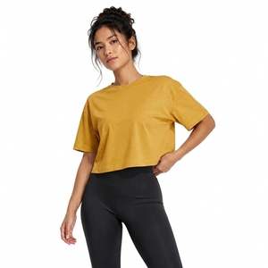 T-shirt court pour femme, couleur moutarde, col rond, manches courtes, coupe ample, couleur unie, jersey 100% coton, vêtements décontractés, printemps été - Product Image 1