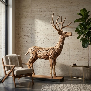 Handcrafted <b>wooden</b> reindeer boy sculpture <b>rustic</b> teak driftwood stag animal statue antlers floor decoration space unit layout - Product Image 5