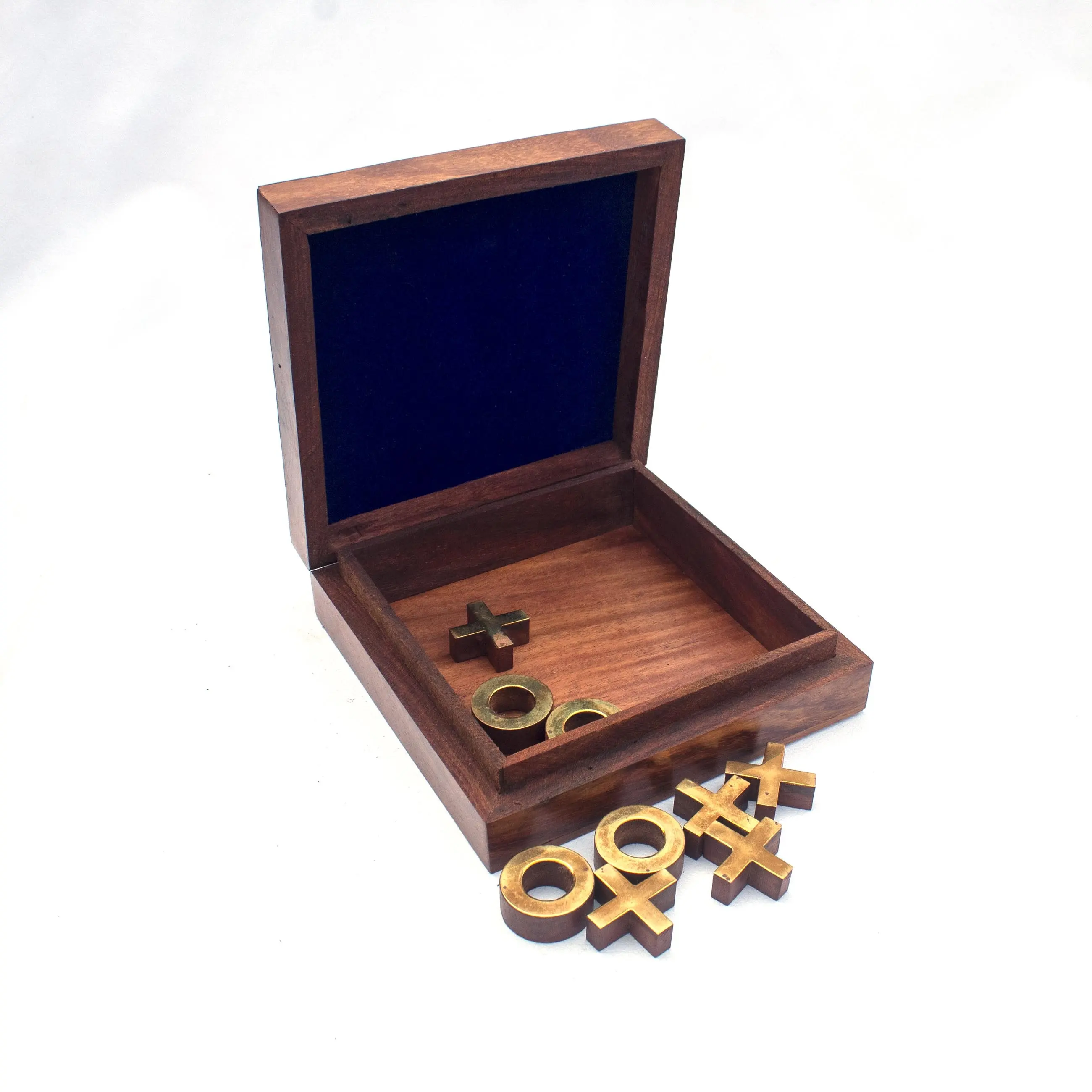 Wooden Tic Tac Toe Game with Glass Top Box 4x4x1.5