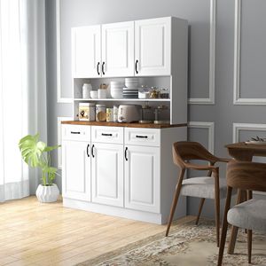 Credenza Bianca Autoportante da 180 cm con Vetrina, 6 Ante, 3 Cassetti e Piano d'Appoggio a 2 Livelli, Mobile da Cucina per Sala da Pranzo in Stile Rustico - Product Image 2