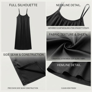 Elegant Black Satin 100% Silk V-neck Elastic Waist <b>Sleeveless</b> Nightgown Loose Fit Knee Length Solid Color Thermal Plus Size - Product Image 6