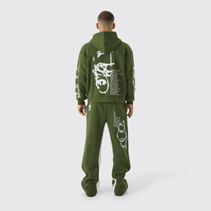 Conjunto Deportivo con Capucha para Hombre, Color Verde Oliva, Manga Larga, Cierre Frontal con Cremallera, Estampado, Pantalones Deportivos con Bolsillos Laterales, Ropa de Otoño para Hombre - Product Image 2