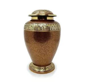 Indian Home Crafts Metal Cremation Urn <b>Keepsake</b> <b>Memorial</b> Decorative Ashes Casket Gold Tone Pattern Tabletop Decor 200 Cubic Inch - Product Image 1