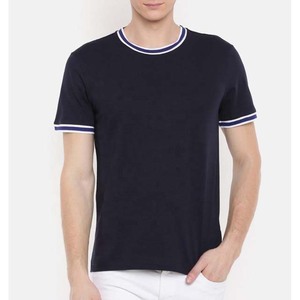 T-shirt en coton bleu marine pour homme, coupe classique, manches courtes, avec bordure contrastée, col rond, style décontracté, t-shirts à col contrastant - Product Image 1