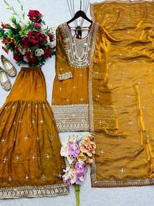 Conjunto Sharara de Diseño Indio-Pakistaní, Tela Chinnon, para Fiestas, Bodas, Uso Casual Tradicional, Estilo Bollywood - Product Image 5